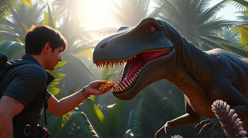 Jugador alimenta dinosaurio domesticado en jungla