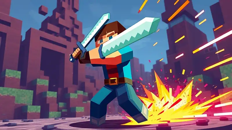 Jugador de Minecraft en combate rápido pixelado