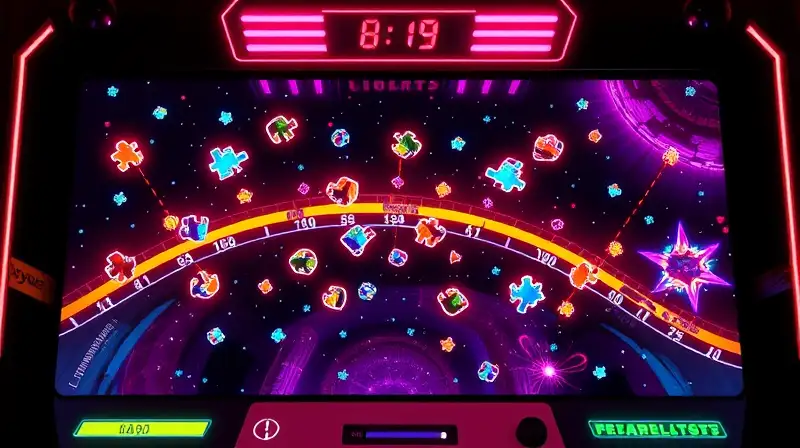 Pantalla arcade con luces neón y tiempo