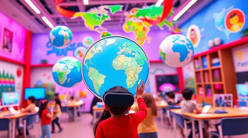 Niños exploran mundo virtual educativo y colorido