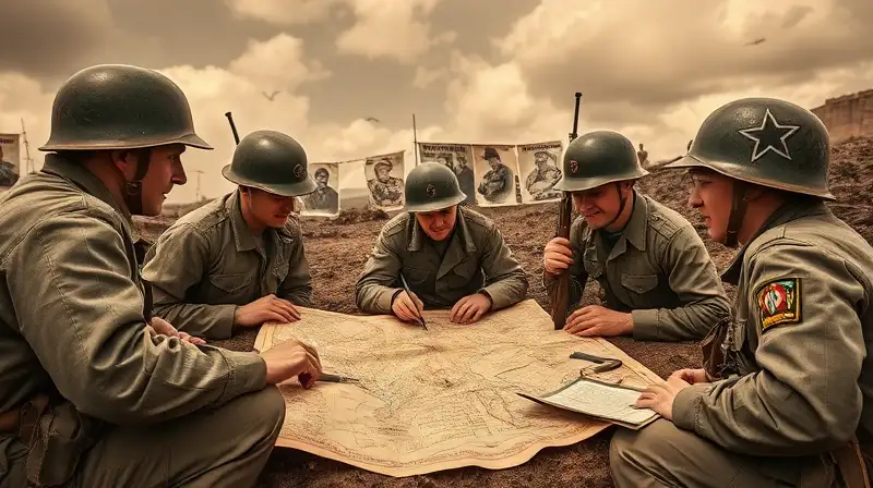 Soldados WWII planifican en campo histórico vintage