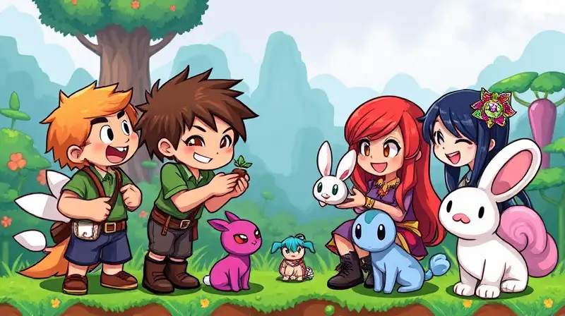 Personajes coloridos intercambian mascotas en pixel art