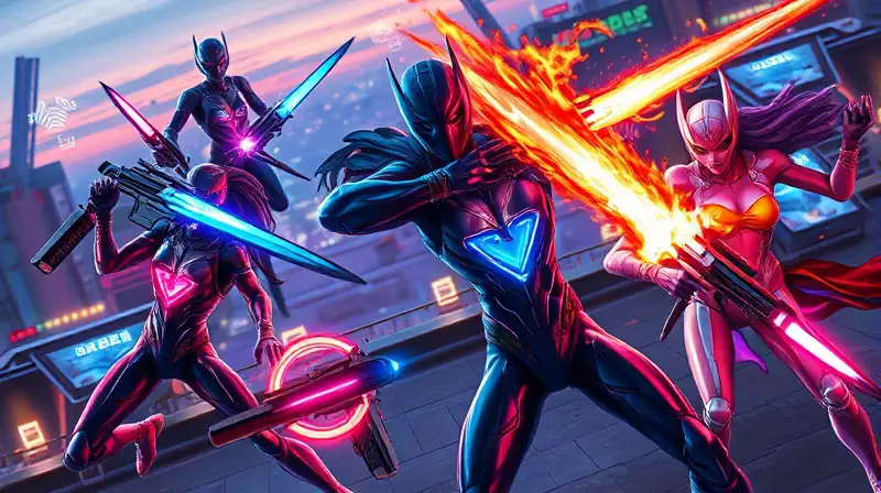 Armas futuristas y efectos vibrantes en batalla