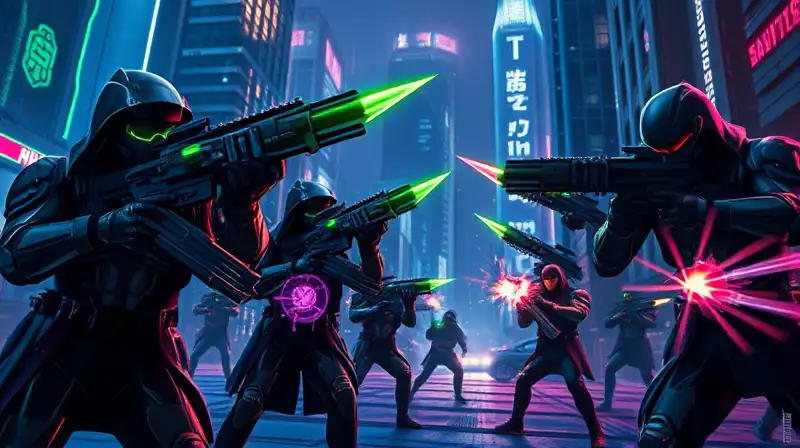 Armas futuristas brillan en batalla neon