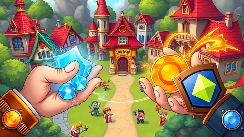 Aldea fantástica con personajes en batalla mágica
