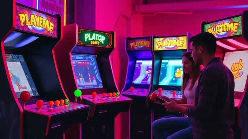 Amigos juegan juntos en arcade retro