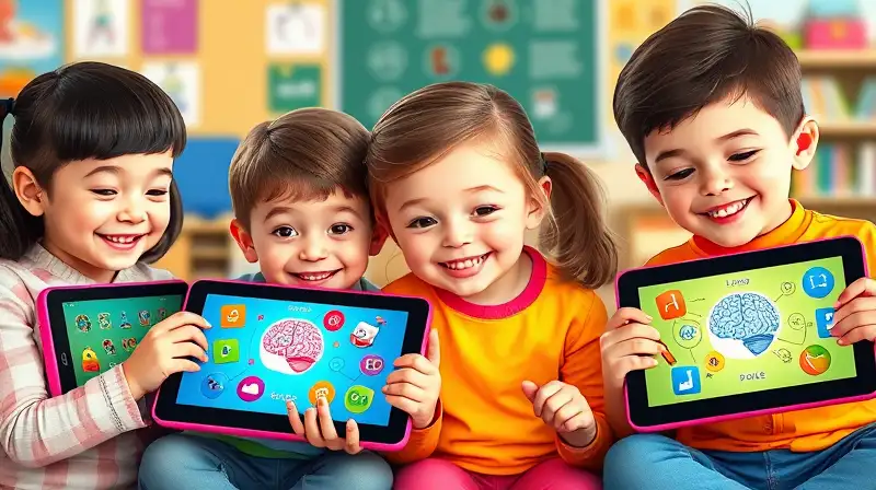 Niños jugando en tabletas educativas coloridas
