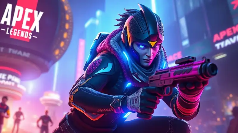 Seer en postura dinámica, ciudad futurista neon