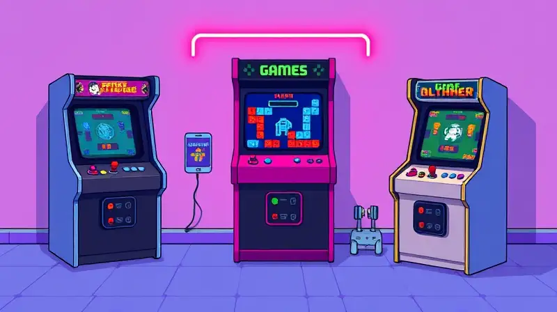 Arcades retro con gráficos pixelados y colores neón