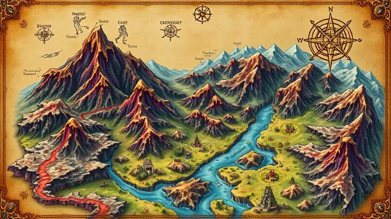Mapa fantástico colorido con montaña y magia