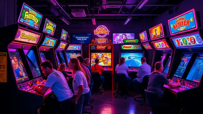 Consolas arcade retro con jugadores diversos