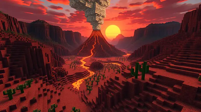 Paisajes volcánicos áridos y pixelados