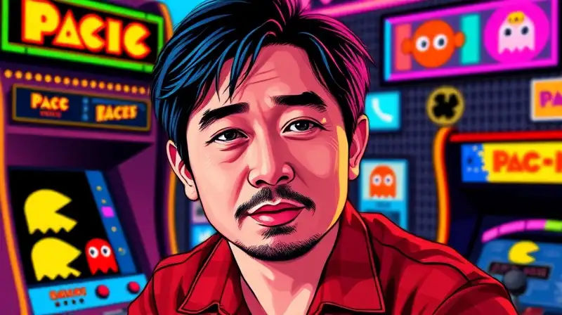 Retrato retro de Toru Iwatani y Pac-Man