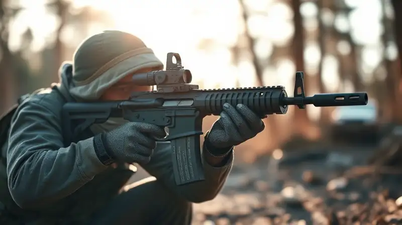Persona agachada apuntando con rifle táctico