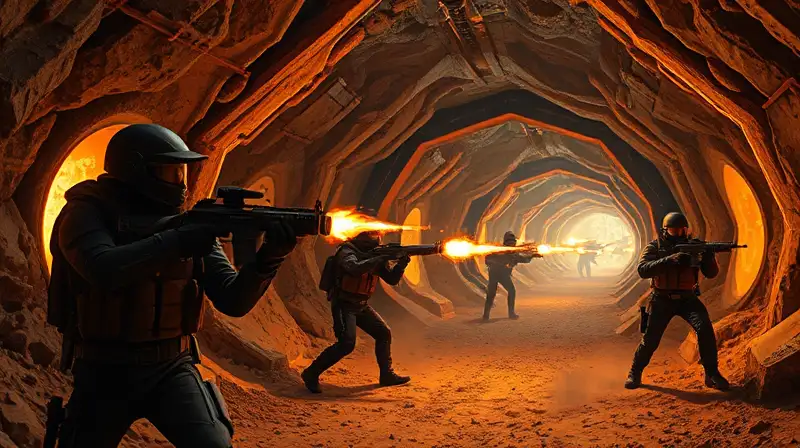 Soldados armados luchan en túneles subterráneos