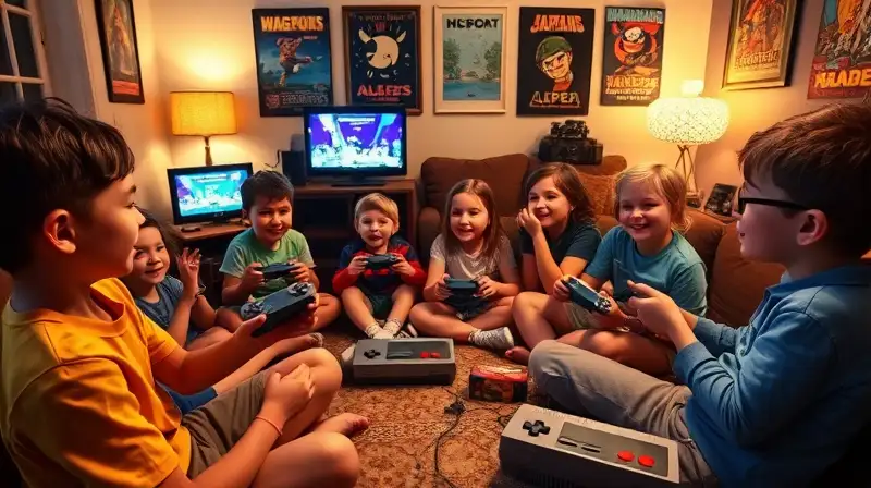 Niños y amigos juegan juntos en consolas