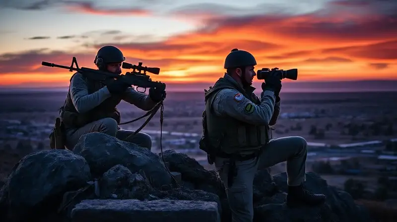 Dos soldados tácticos vigilan al atardecer