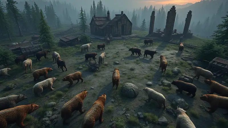 Animales salvajes y estructuras en mapa rústico