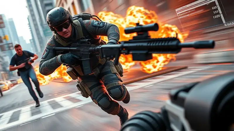 Soldado futurista corre en batalla urbana