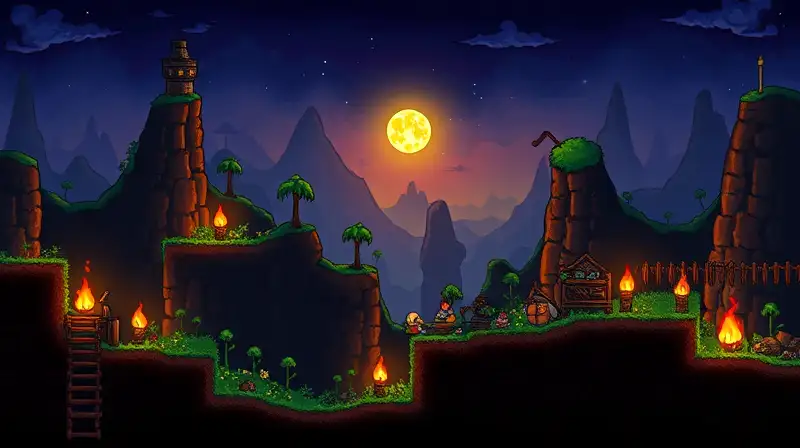 Estilo Terraria pixel art con iluminación dinámica