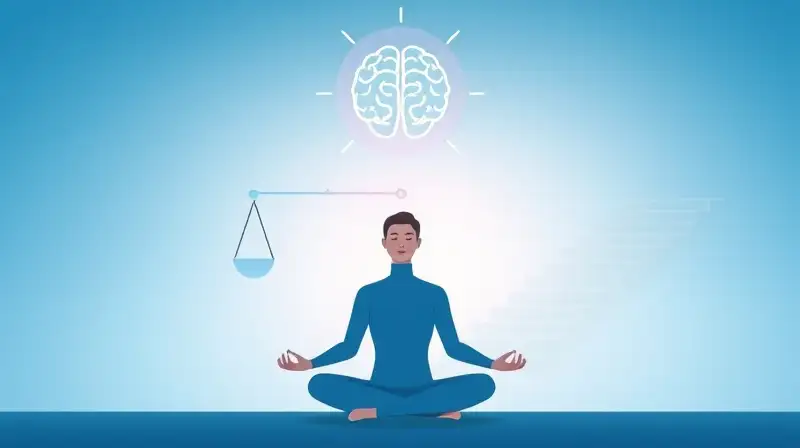 Persona tranquila meditando con símbolos abstractos