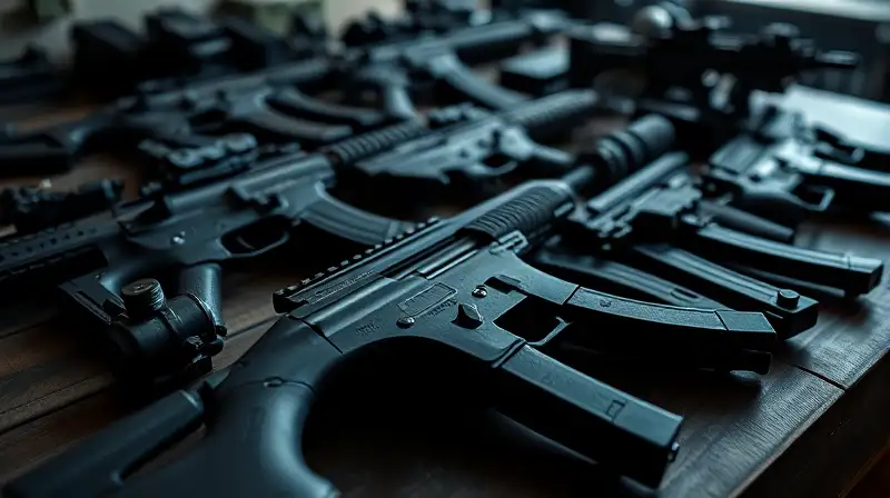 Armas modernas destacadas sobre mesa táctica