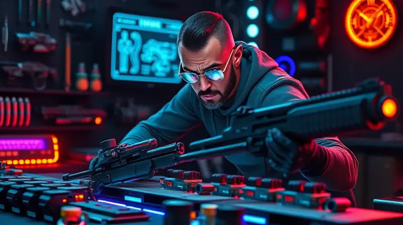 Taller futurista de armas con interfaz holográfica