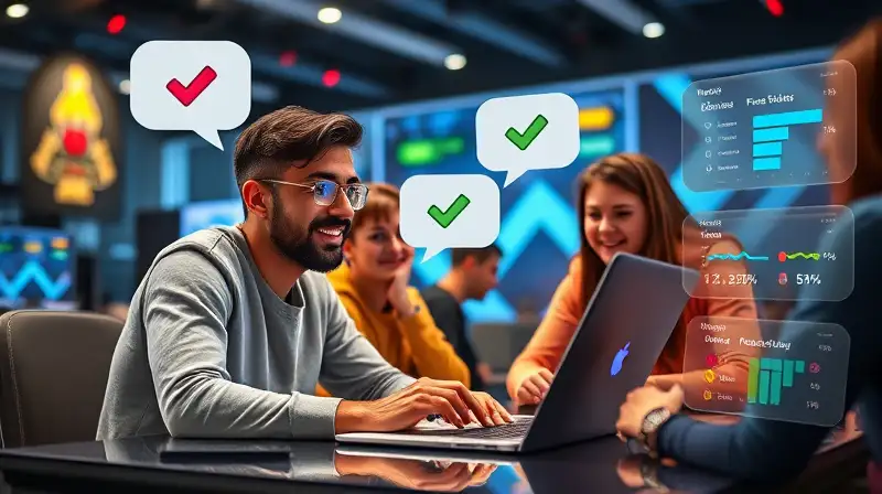 Gamers colaboran revisando laptop con gráficos