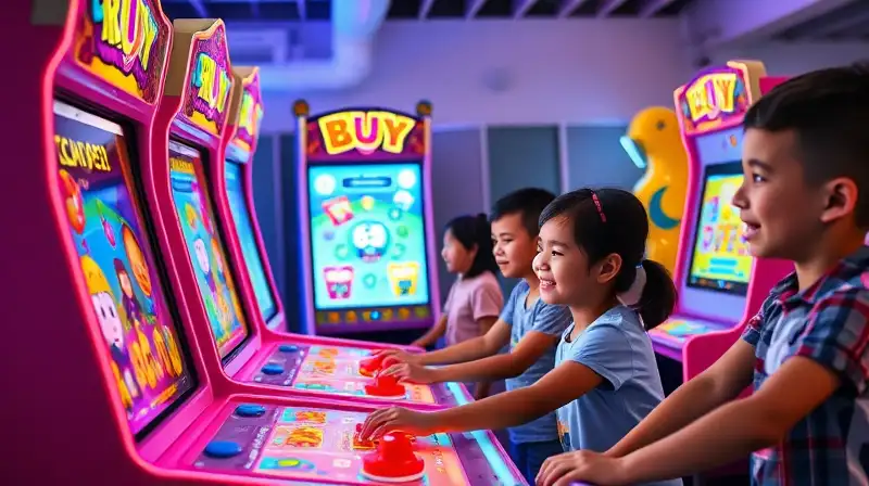 Niños diversos aprenden jugando en arcade