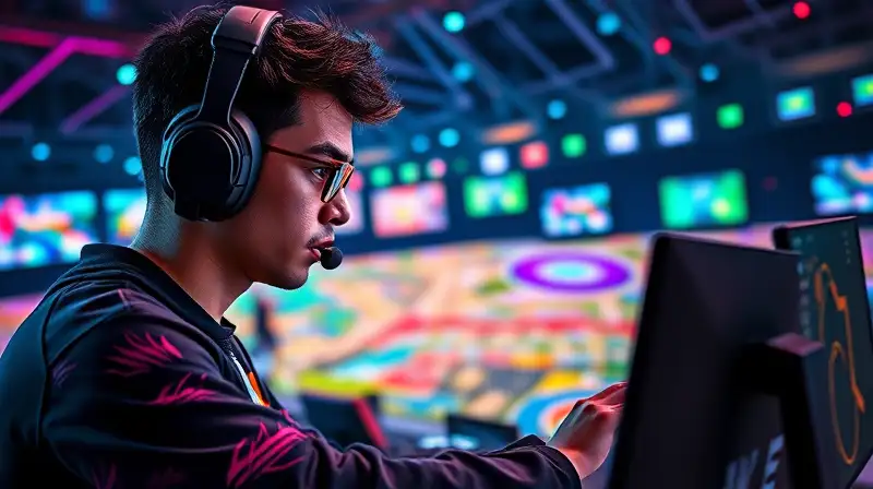Gamer competitivo analiza mapas vibrantes futuristas