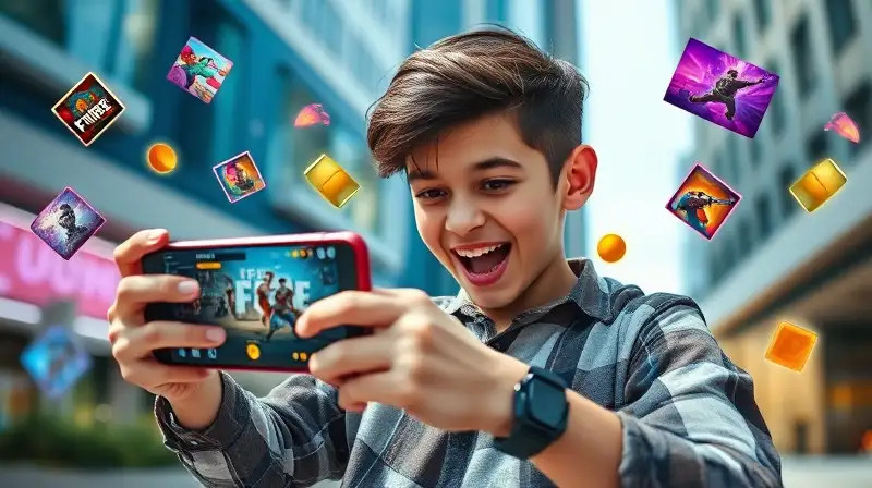Joven jugando Free Fire con ambiente vibrante