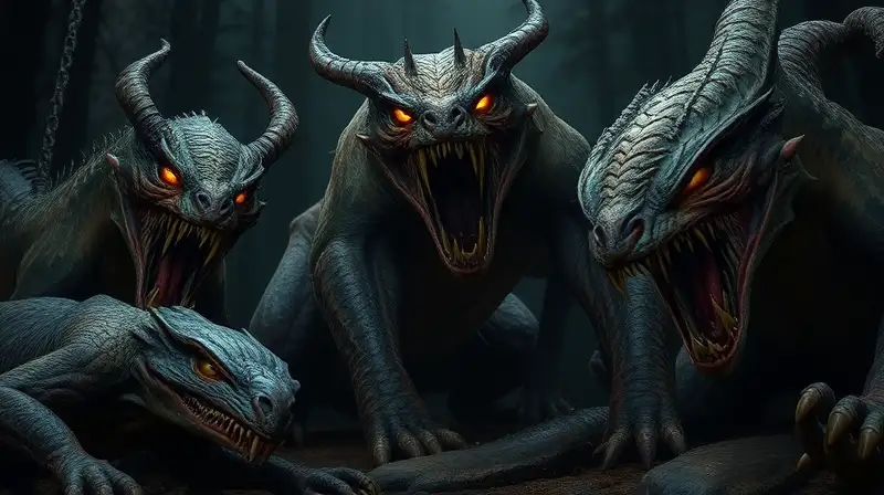 Animales salvajes y fieros en bosque oscuro