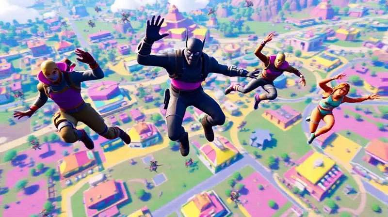 Personajes de Fortnite caen con glitch colorido