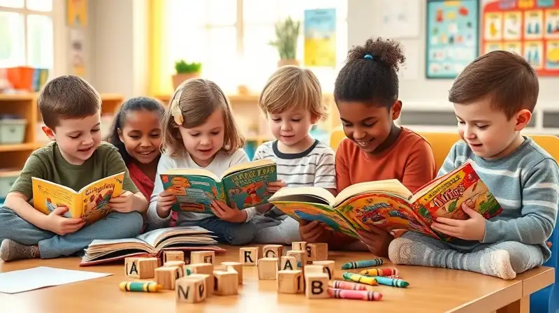 Niños leen y juegan en aula acogedora