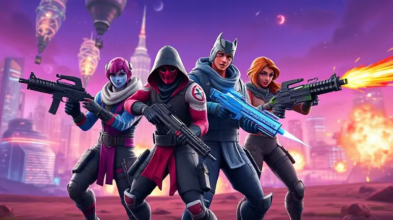 Cuatro personajes Fortnite en batalla vibrante