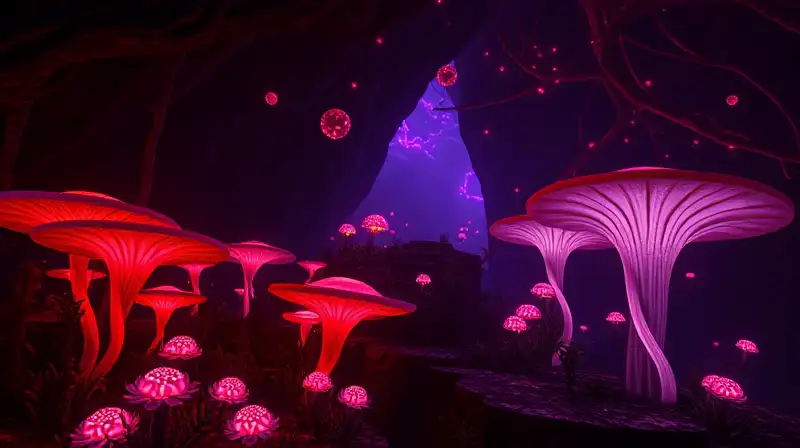 Hongos brillantes y esporas flotantes en Nether