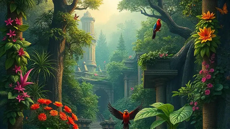 Bosque fantástico con flora, fauna y ruinas