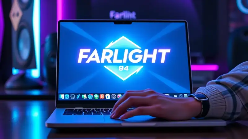 Laptop futurista con logo Farlight 84