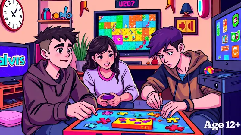 Adolescentes resuelven puzzles coloridos retro