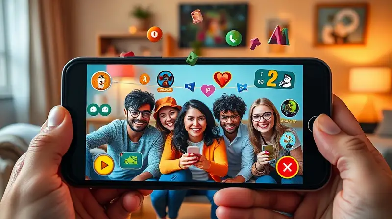 Smartphone con juegos casuales y usuarios felices