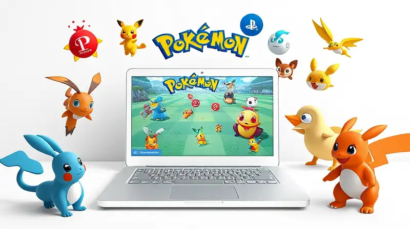 Portátil moderno muestra Pokémon y logos oficiales