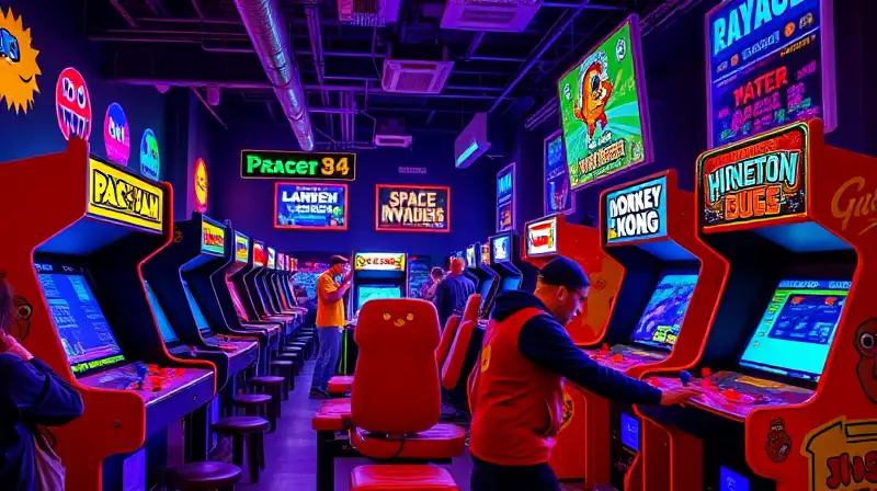 Arcade retro con personajes pixelados y neón