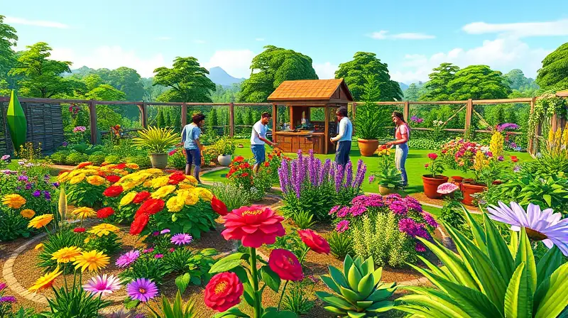 Jardín colorido con flores, plantas y Sims