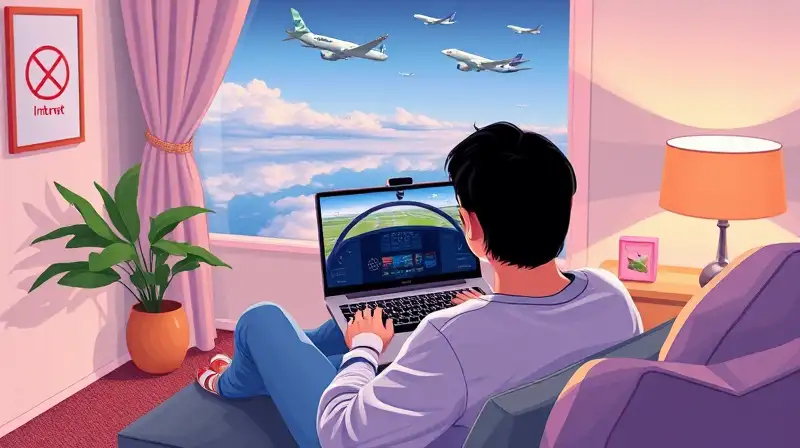 Persona juega simulador de vuelo sin internet