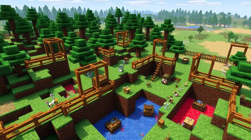 Trampas y animales en paisaje pixelado brillante