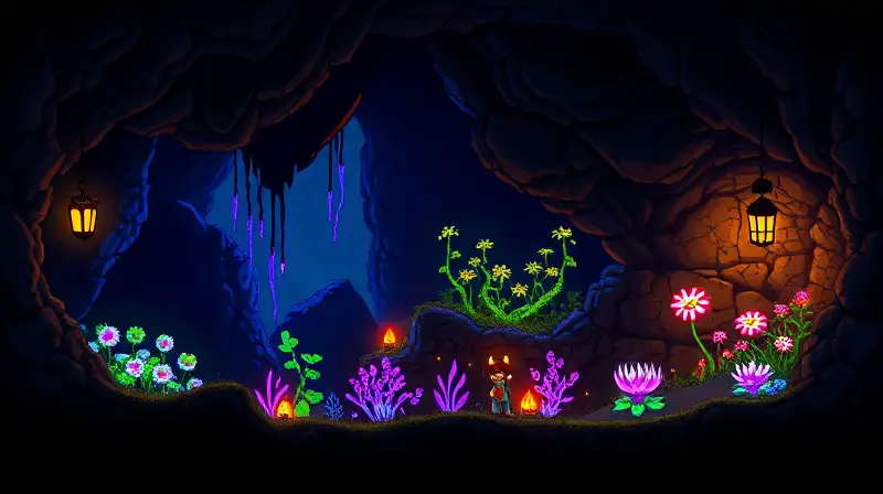 Arte pixelado vibrante en cueva fantástica