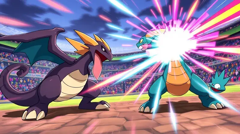Batalla Pokémon intensa en Johto vibrante