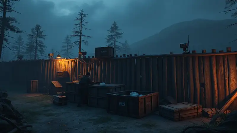 Base fortificada de clan en Rust nocturno
