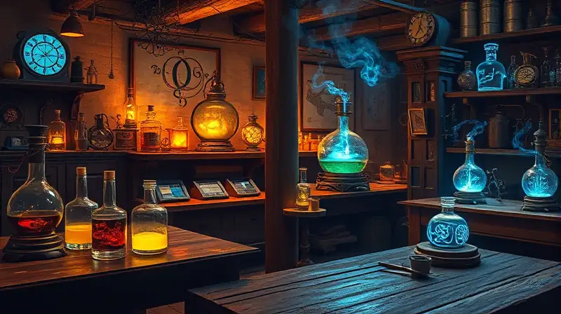 Taller alquímico antiguo con magia y vapor