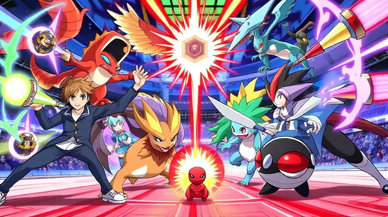 Entrenadores Pokémon luchan en arena futurista